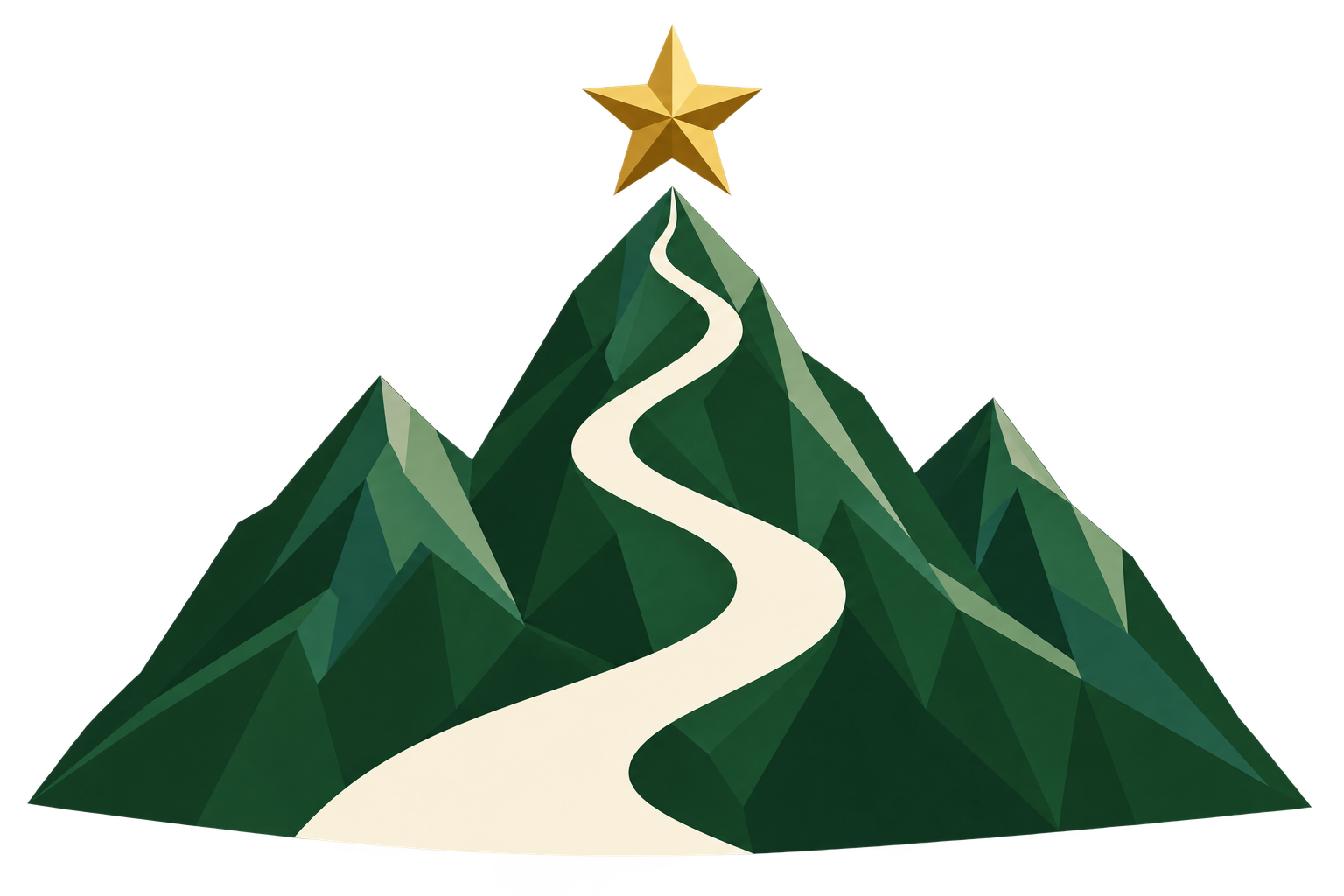 Three green mountain peaks with a winding path leading to a gold star